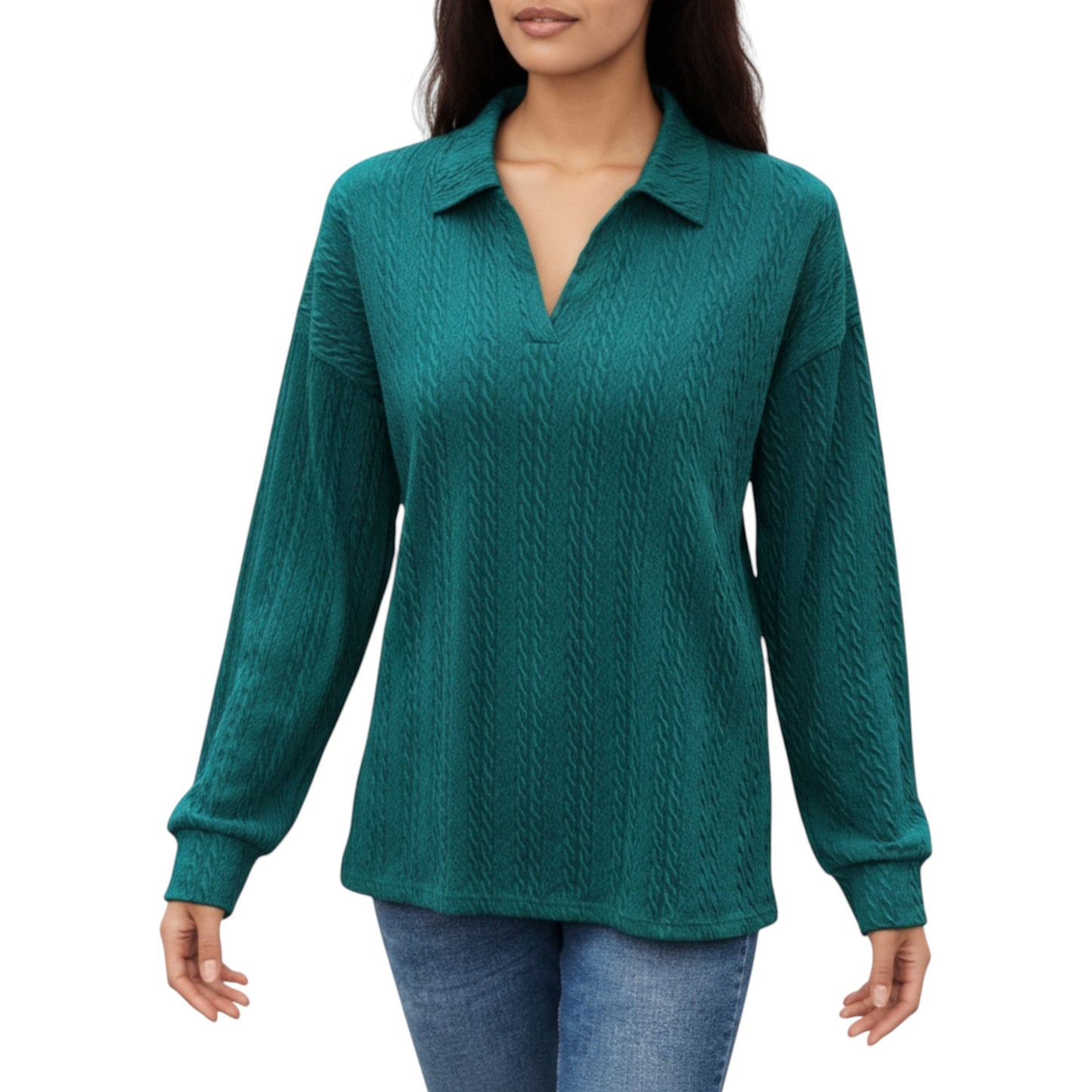 Long Sleeve Collared Knit Top with Subtle Textured Pattern and Relaxed Fit