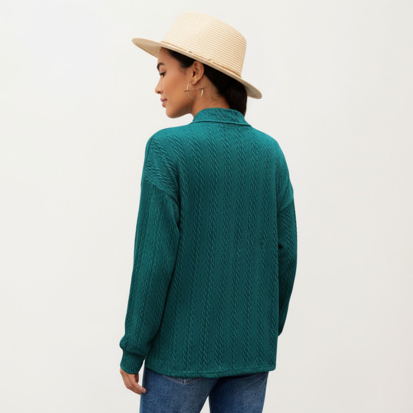 Long Sleeve Collared Knit Top with Subtle Textured Pattern and Relaxed Fit