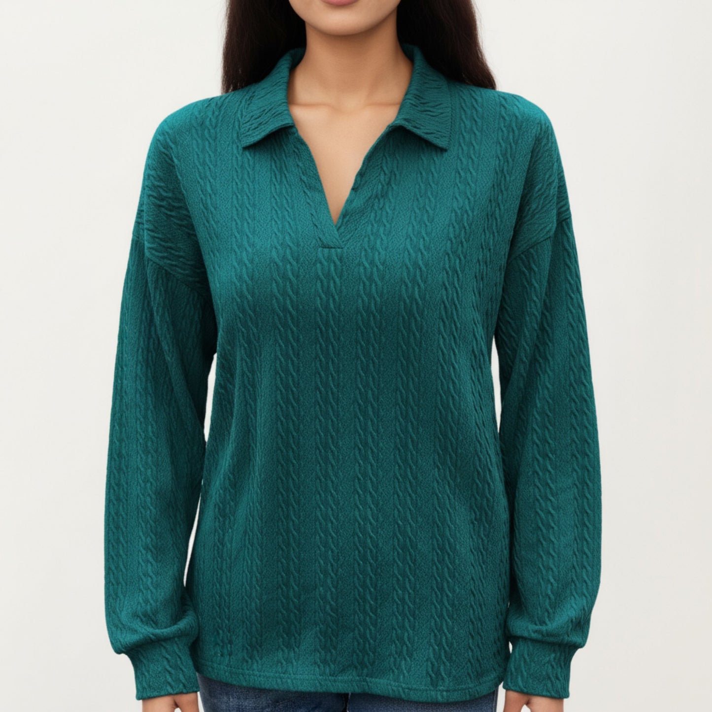 Long Sleeve Collared Knit Top with Subtle Textured Pattern and Relaxed Fit