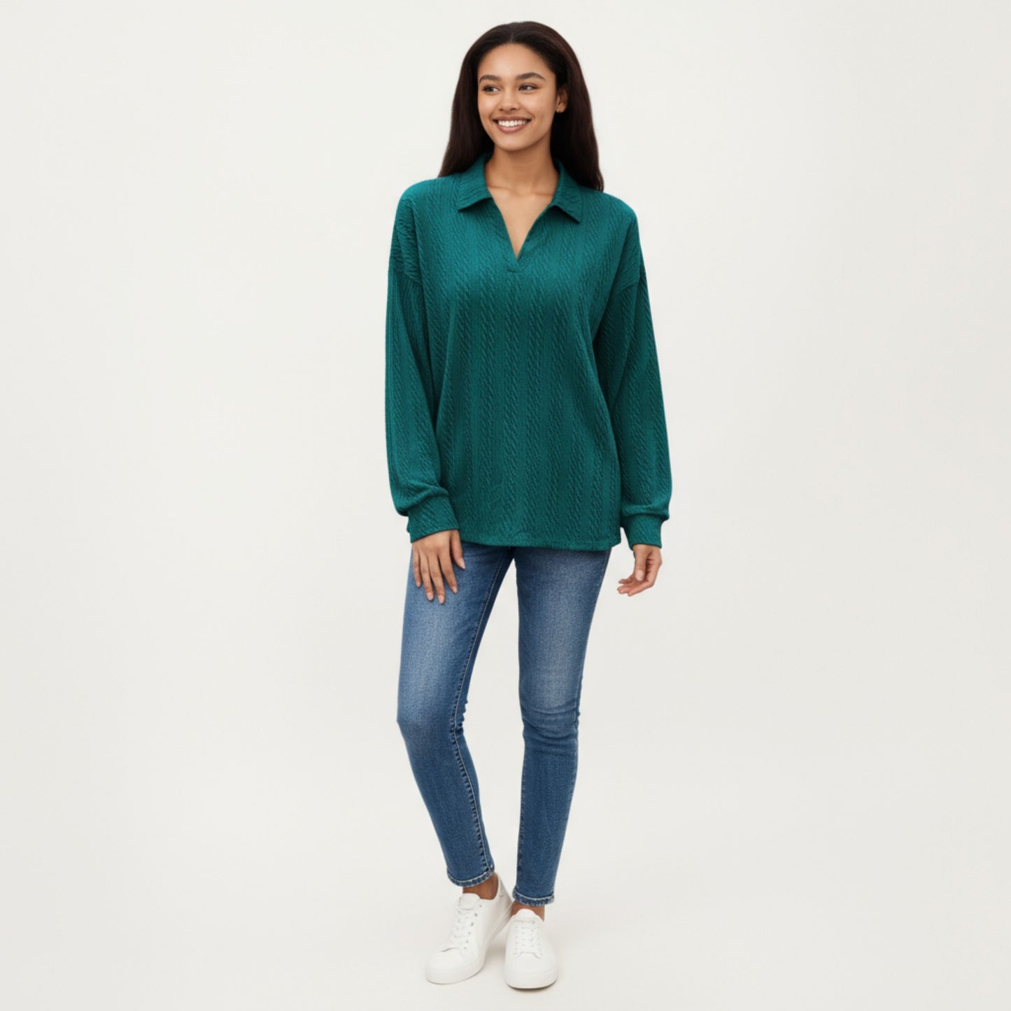 Long Sleeve Collared Knit Top with Subtle Textured Pattern and Relaxed Fit