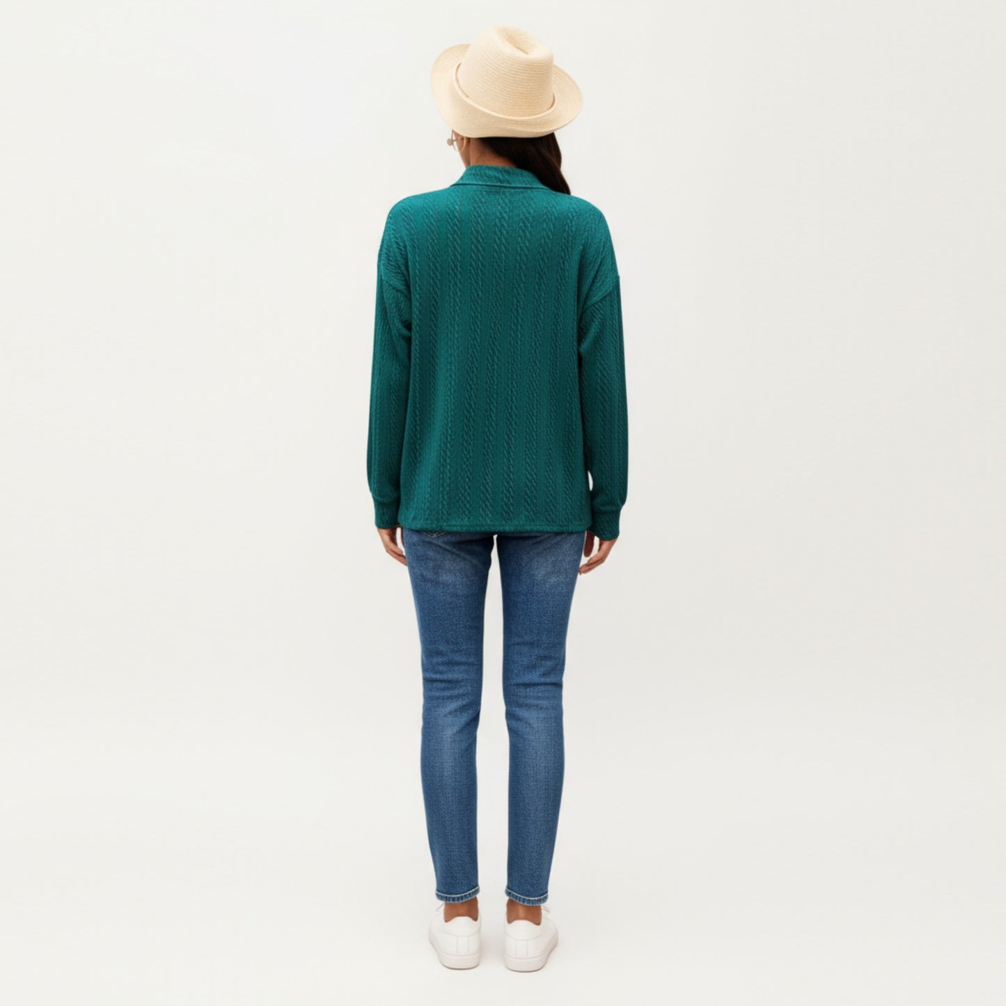 Long Sleeve Collared Knit Top with Subtle Textured Pattern and Relaxed Fit