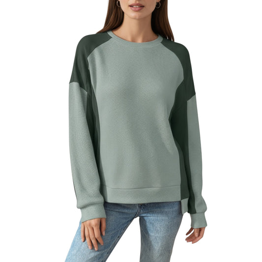 Long Sleeve Colorblock Pullover Top with Crew Neck and Relaxed Fit