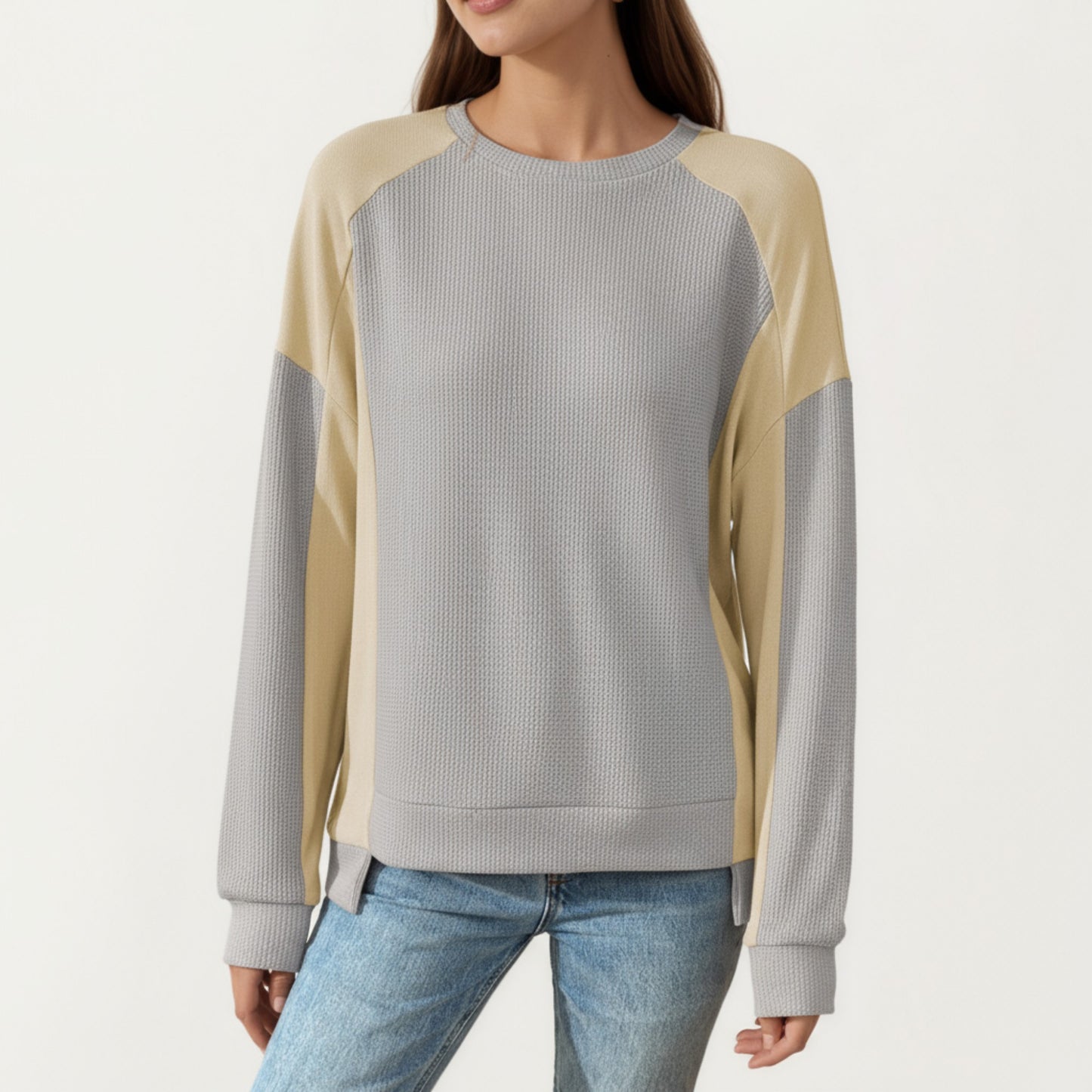 Long Sleeve Colorblock Pullover Top with Crew Neck and Relaxed Fit