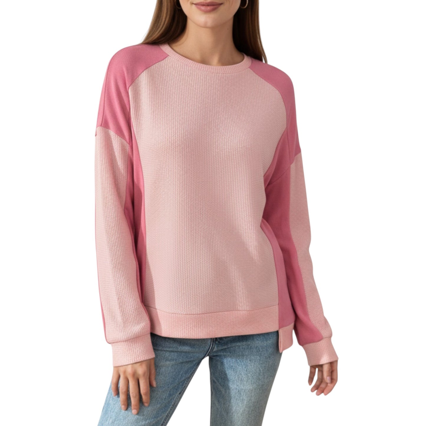 Long Sleeve Colorblock Pullover Top with Crew Neck and Relaxed Fit