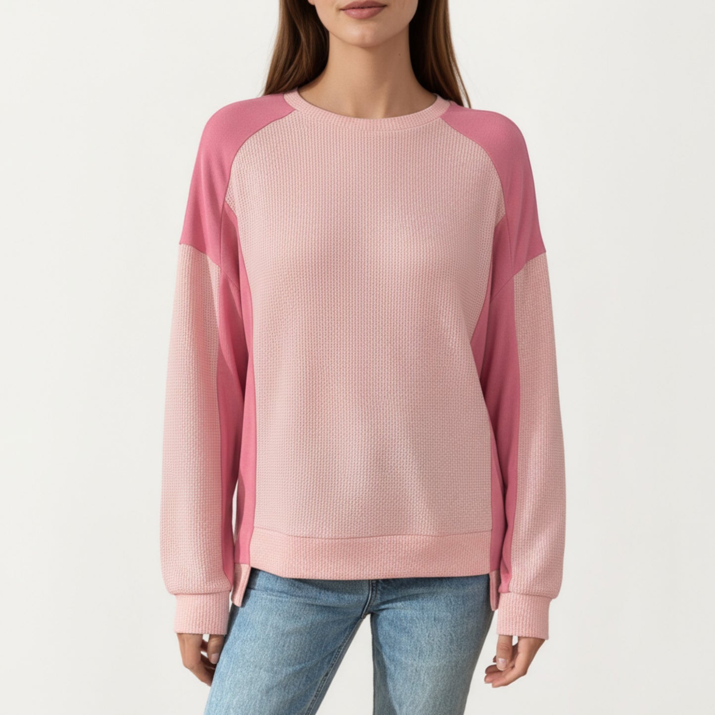 Long Sleeve Colorblock Pullover Top with Crew Neck and Relaxed Fit