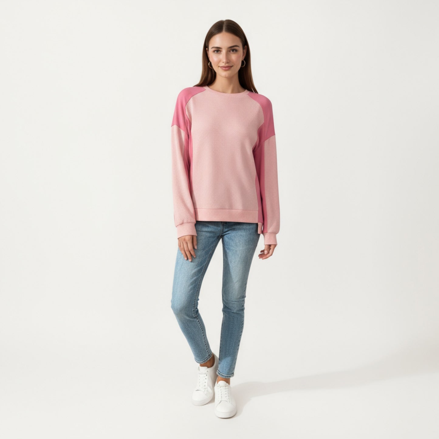 Long Sleeve Colorblock Pullover Top with Crew Neck and Relaxed Fit