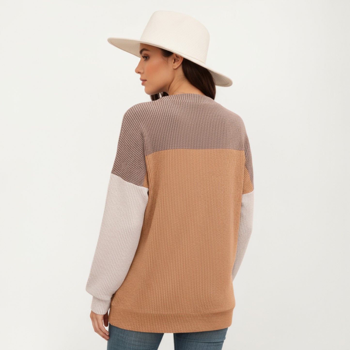 Long Sleeve Colorblock Pullover Top with Crew Neck and Relaxed Fit