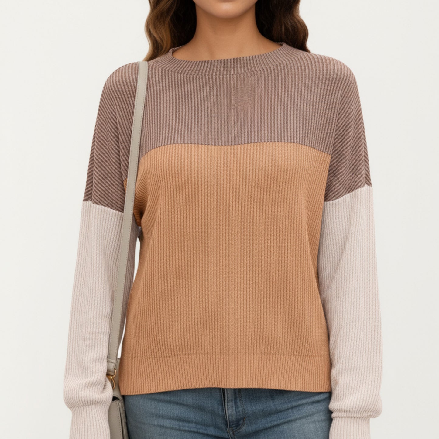 Long Sleeve Colorblock Pullover Top with Crew Neck and Relaxed Fit