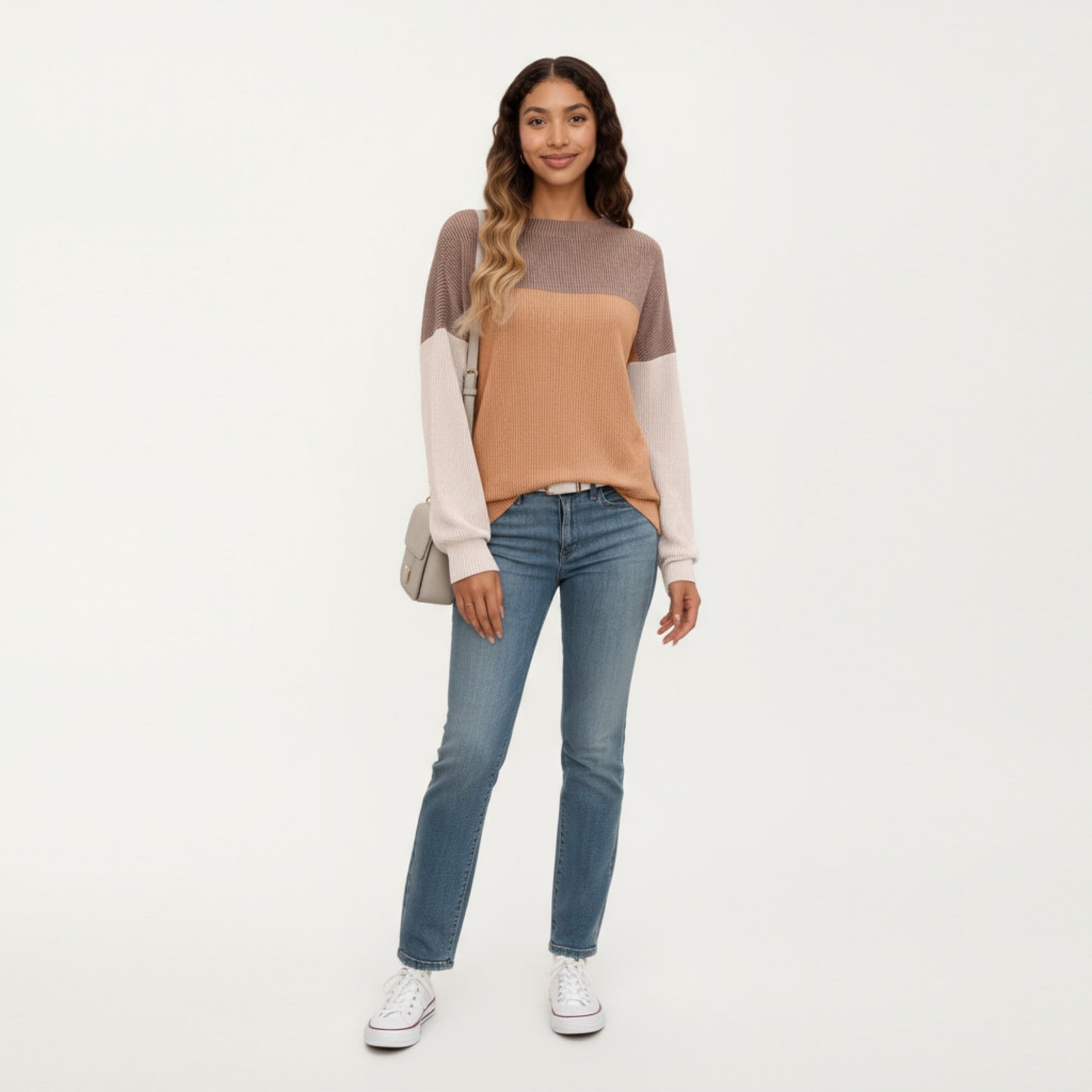 Long Sleeve Colorblock Pullover Top with Crew Neck and Relaxed Fit