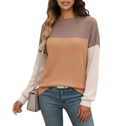 Long Sleeve Colorblock Pullover Top with Crew Neck and Relaxed Fit
