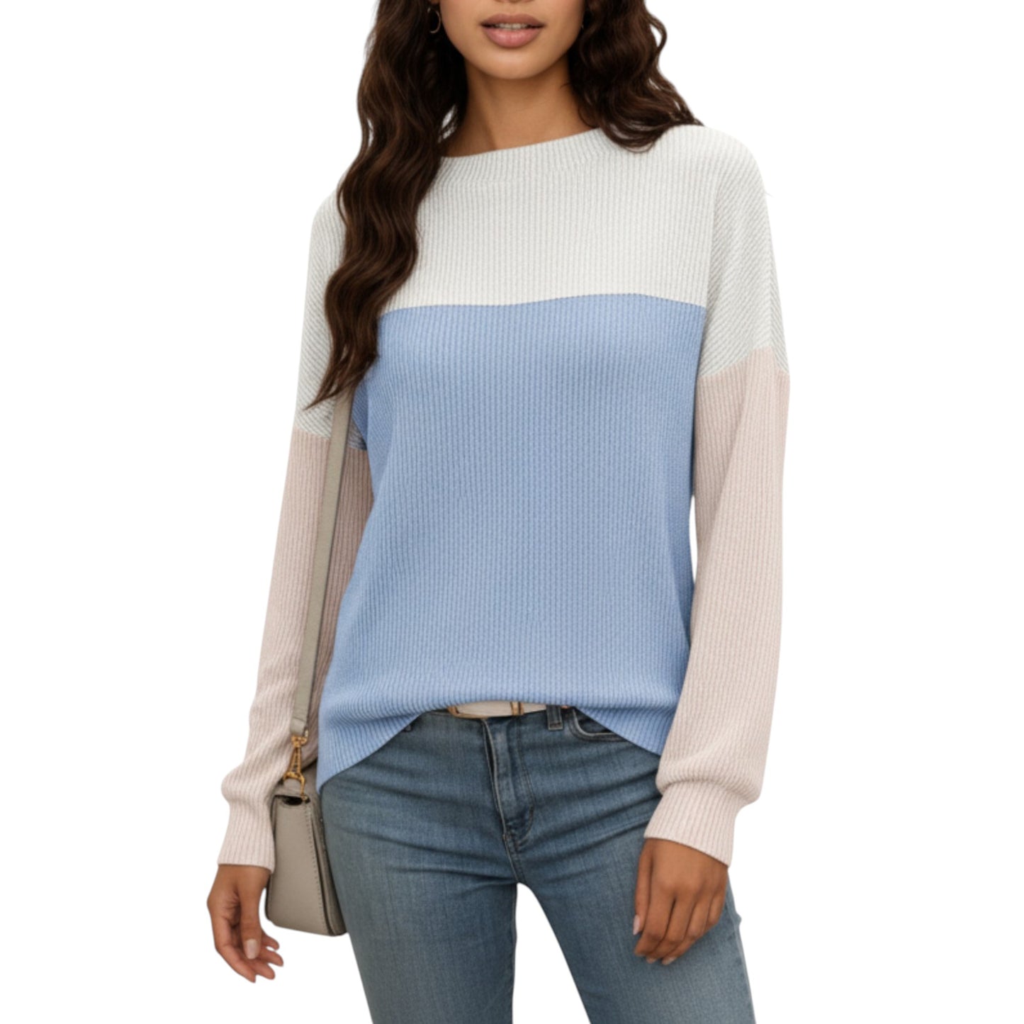 Long Sleeve Colorblock Pullover Top with Crew Neck and Relaxed Fit