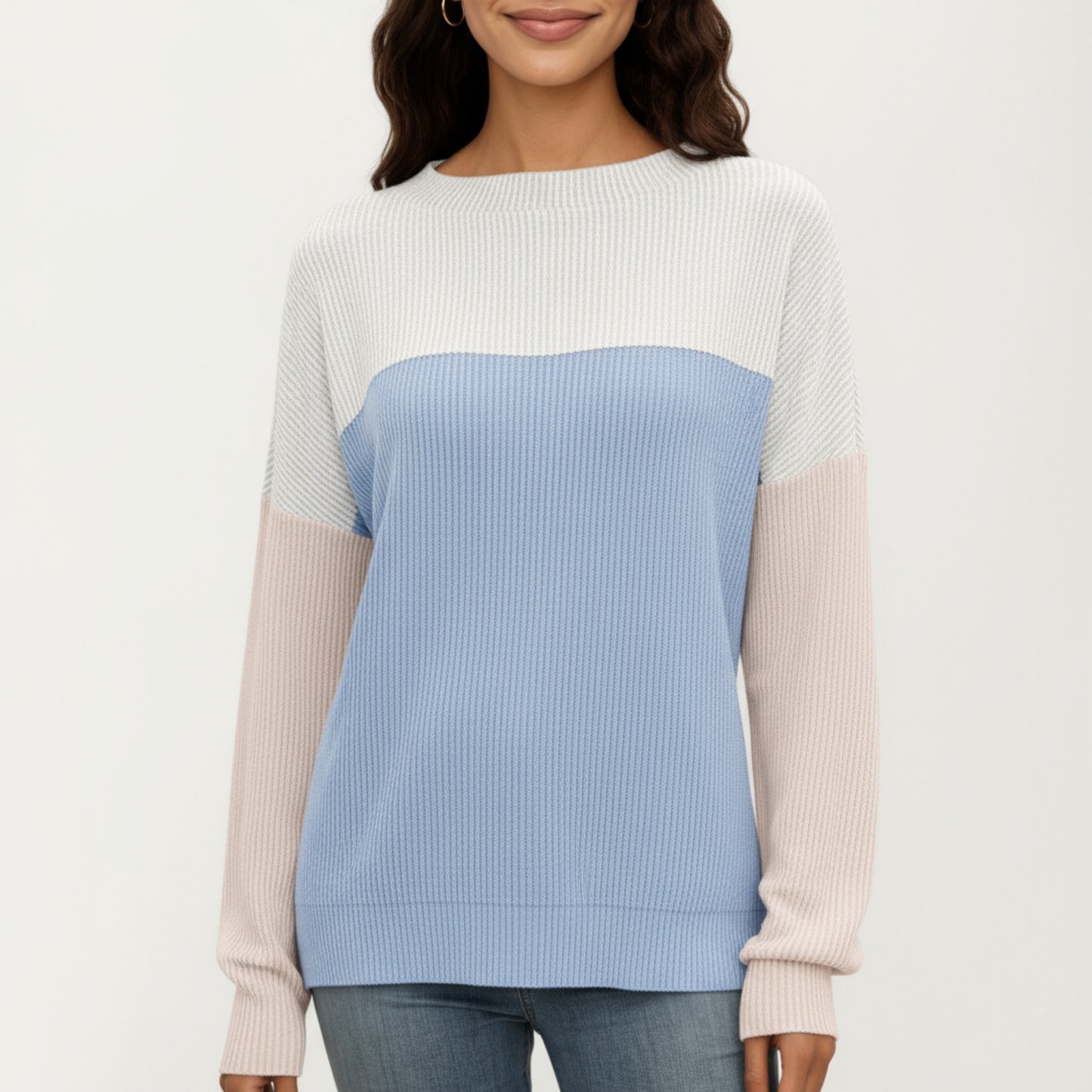 Long Sleeve Colorblock Pullover Top with Crew Neck and Relaxed Fit