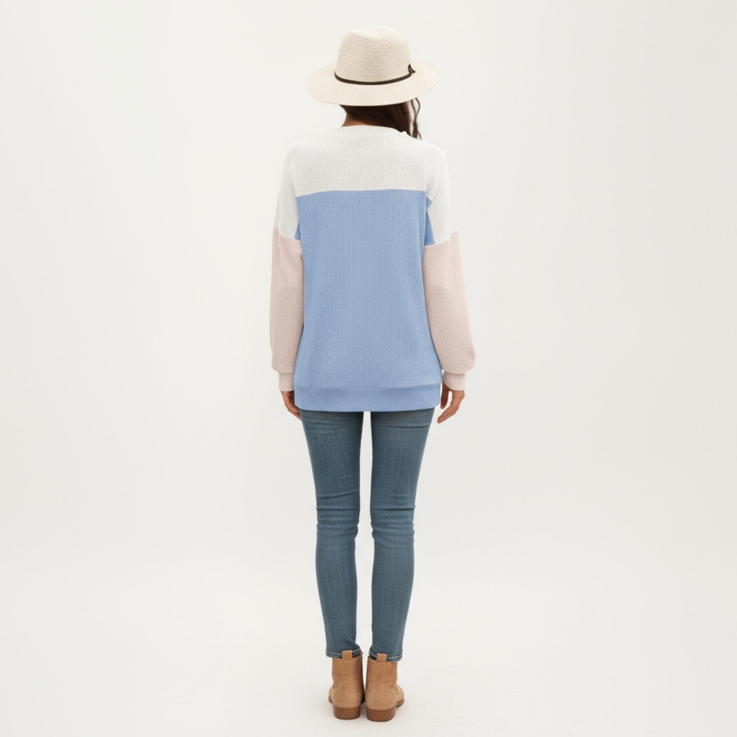 Long Sleeve Colorblock Pullover Top with Crew Neck and Relaxed Fit