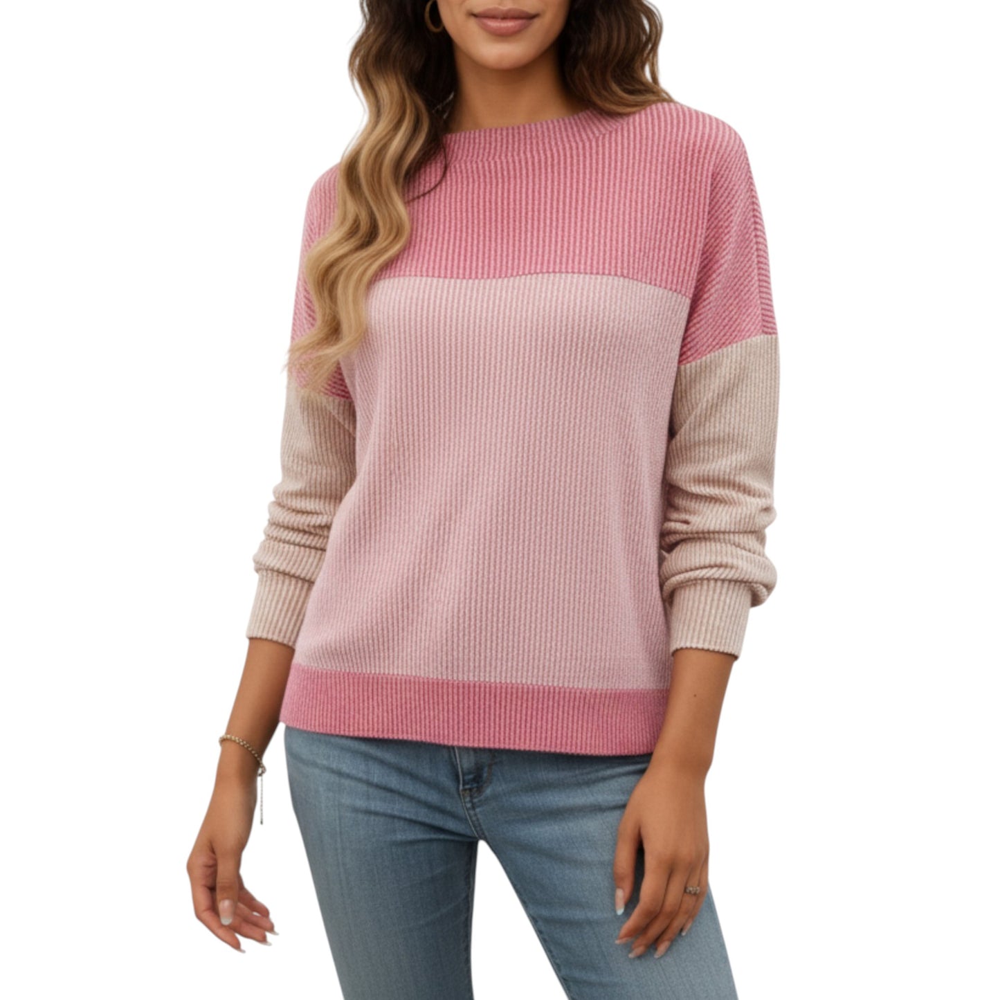 Long Sleeve Colorblock Pullover Top with Crew Neck and Relaxed Fit