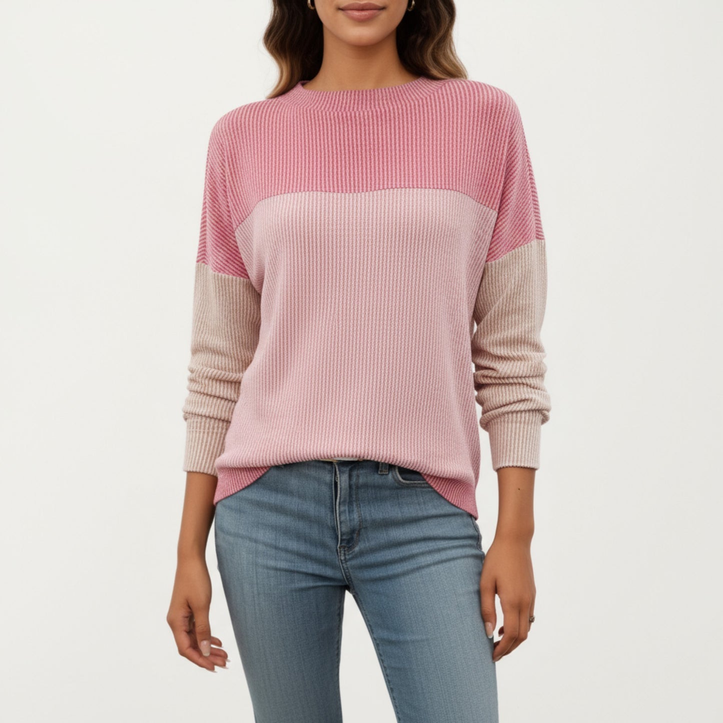 Long Sleeve Colorblock Pullover Top with Crew Neck and Relaxed Fit