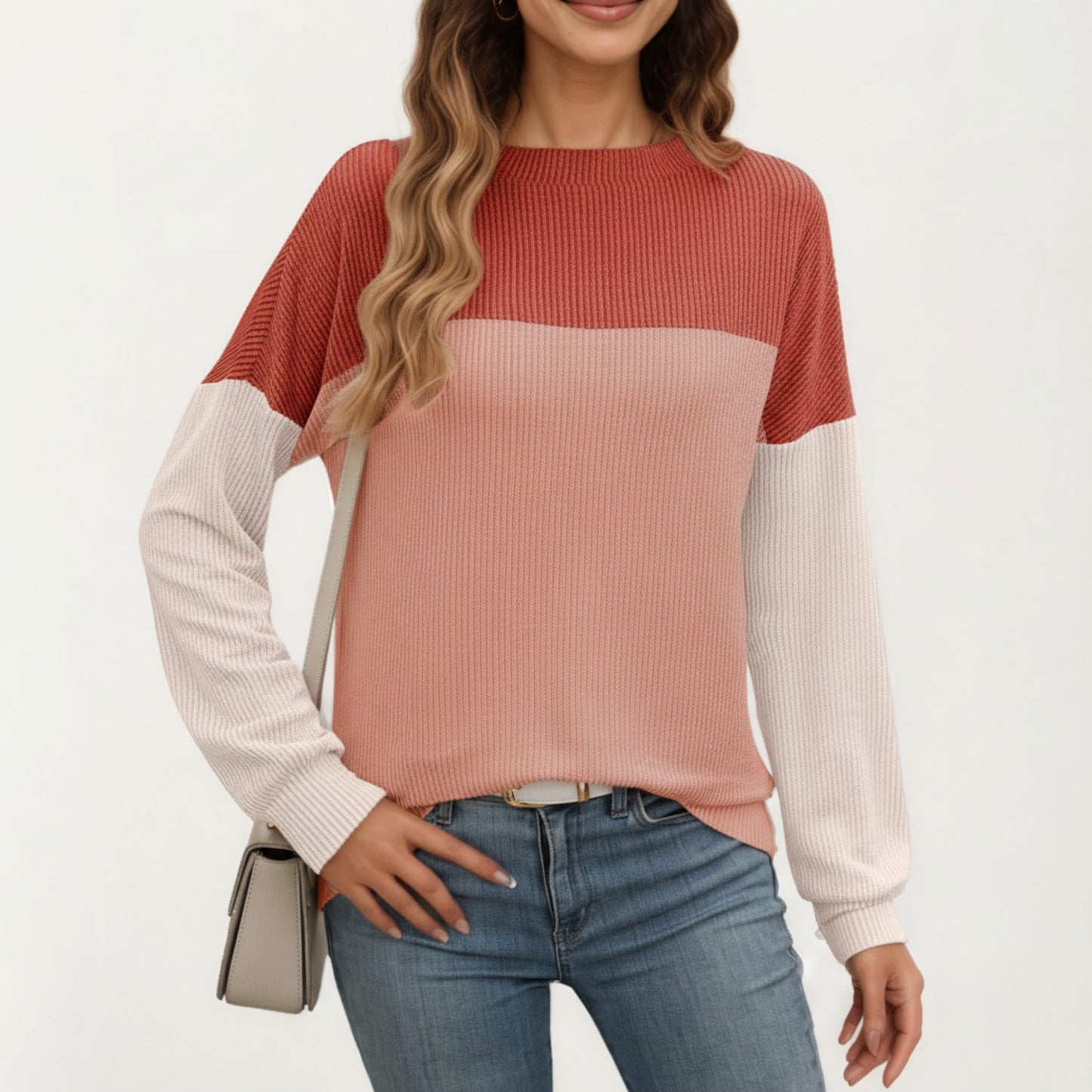 Long Sleeve Colorblock Pullover Top with Crew Neck and Relaxed Fit