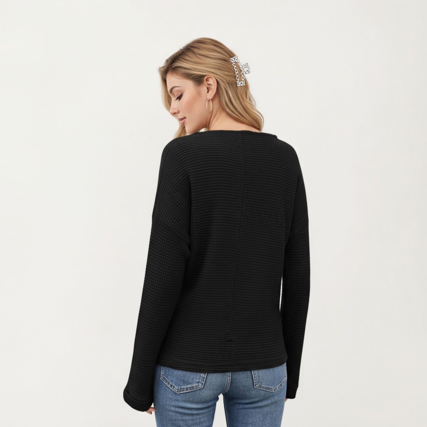 Long Sleeve Textured Knit Pullover Top with Split Neck and Relaxed Fit