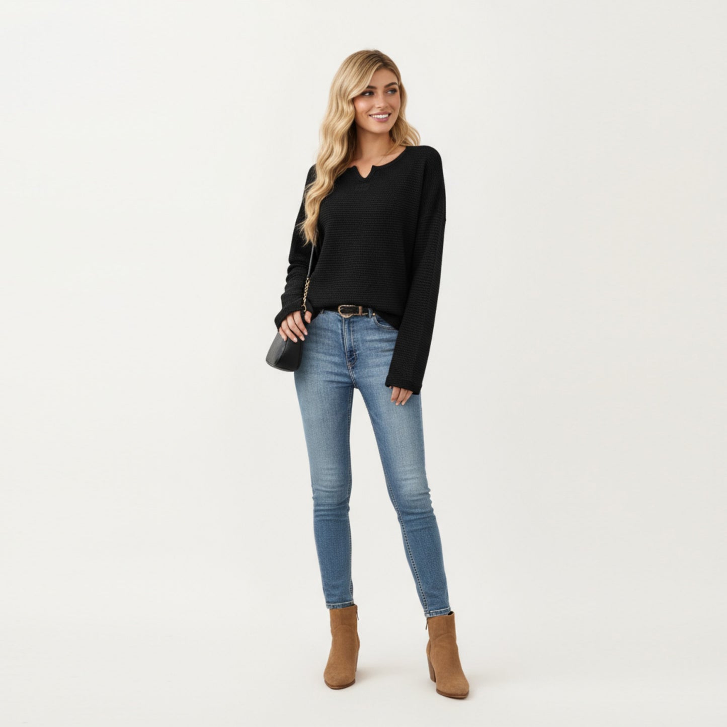 Long Sleeve Textured Knit Pullover Top with Split Neck and Relaxed Fit