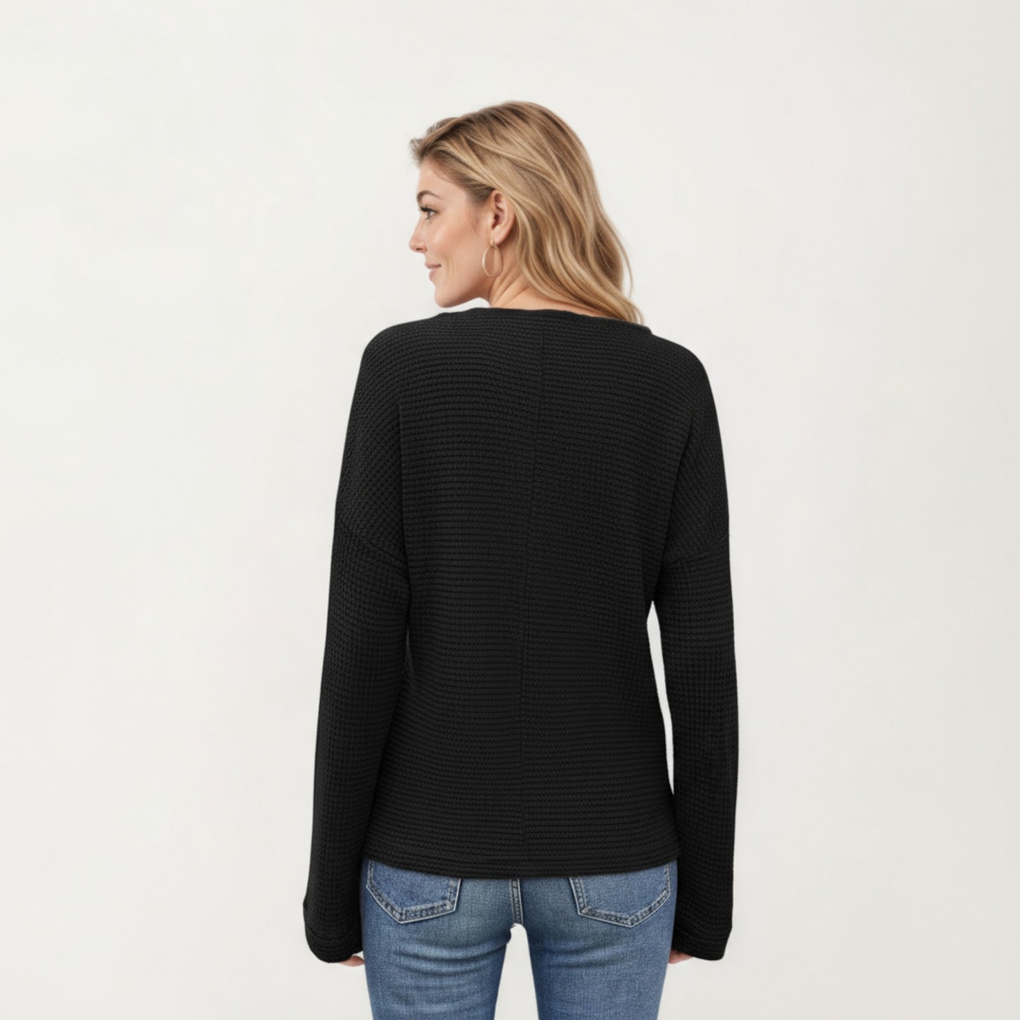 Long Sleeve Textured Knit Pullover Top with Split Neck and Relaxed Fit