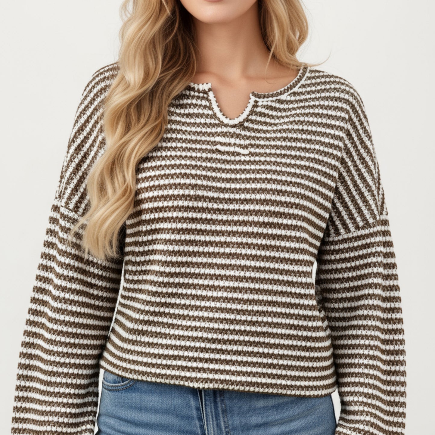 Long Sleeve Textured Knit Pullover Top with Split Neck and Relaxed Fit