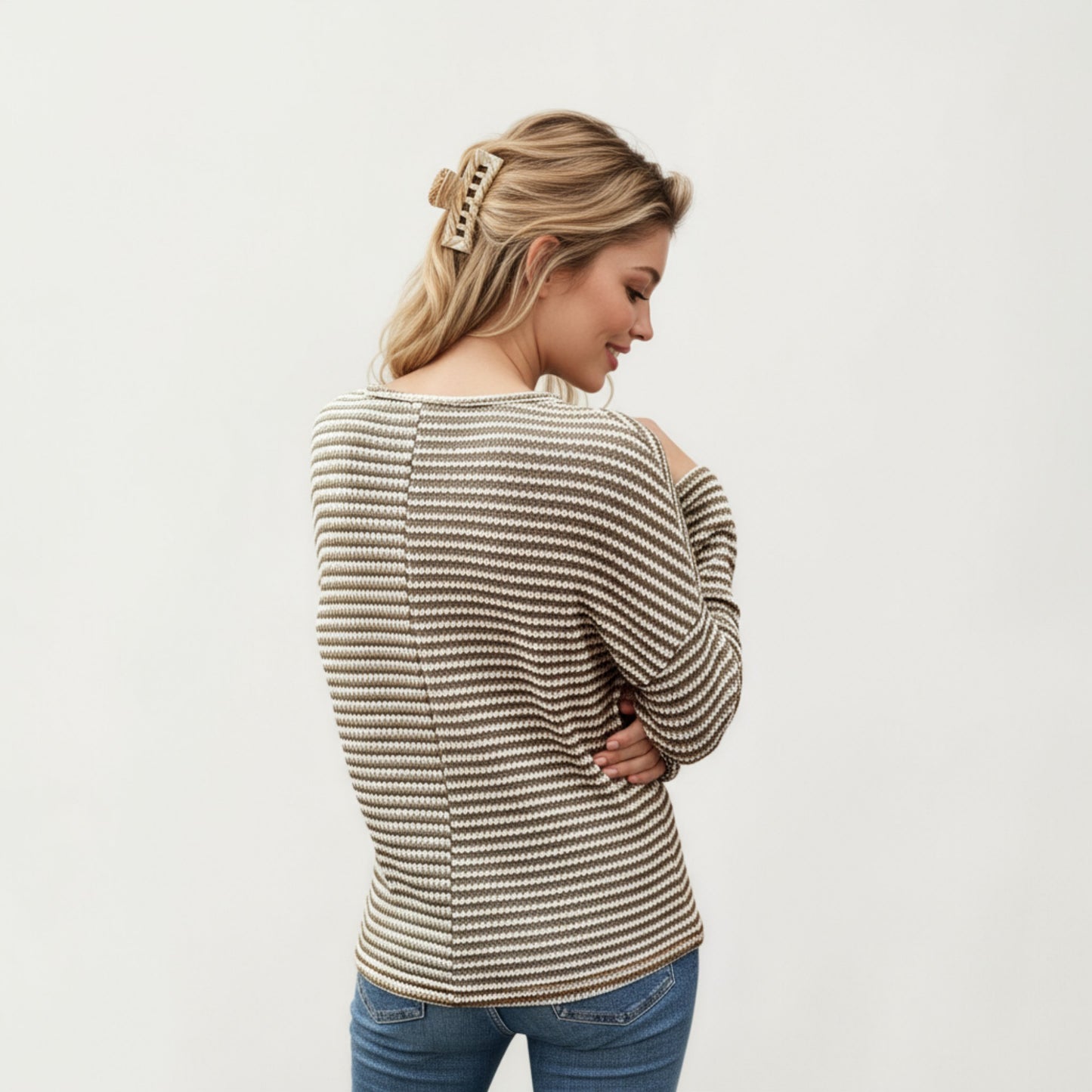 Long Sleeve Textured Knit Pullover Top with Split Neck and Relaxed Fit