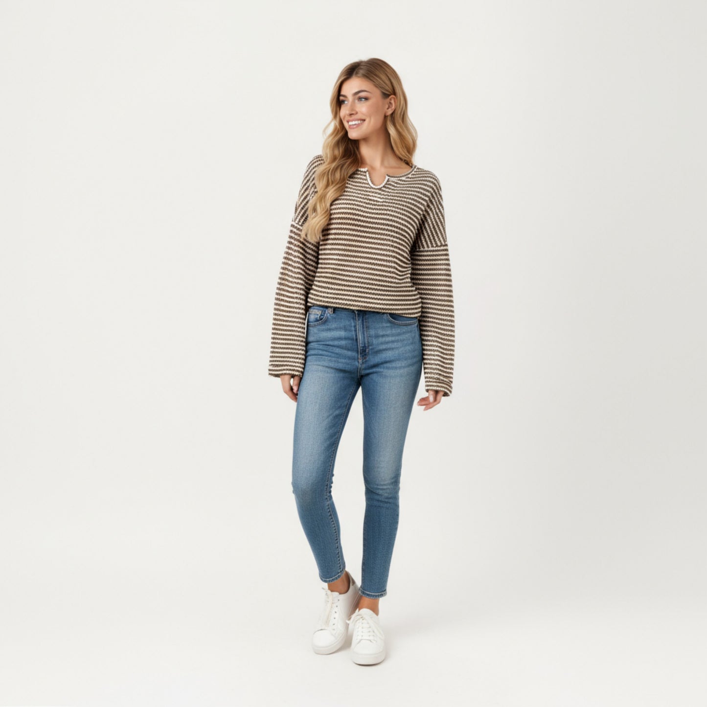 Long Sleeve Textured Knit Pullover Top with Split Neck and Relaxed Fit