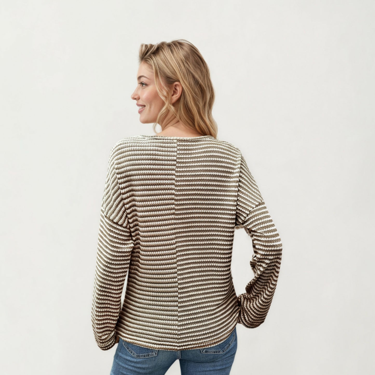 Long Sleeve Textured Knit Pullover Top with Split Neck and Relaxed Fit