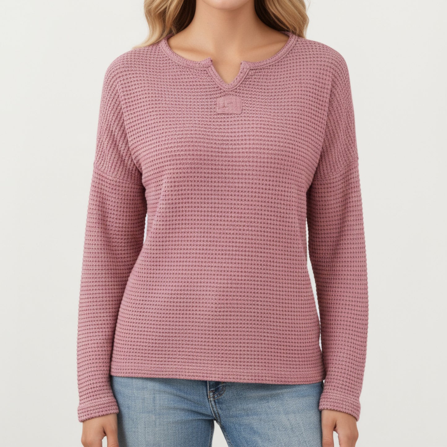 Long Sleeve Textured Knit Pullover Top with Split Neck and Relaxed Fit