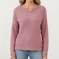 Long Sleeve Textured Knit Pullover Top with Split Neck and Relaxed Fit
