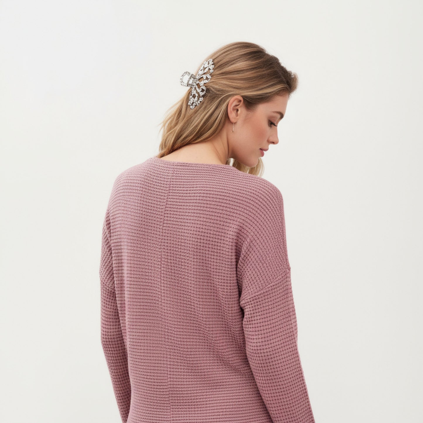Long Sleeve Textured Knit Pullover Top with Split Neck and Relaxed Fit