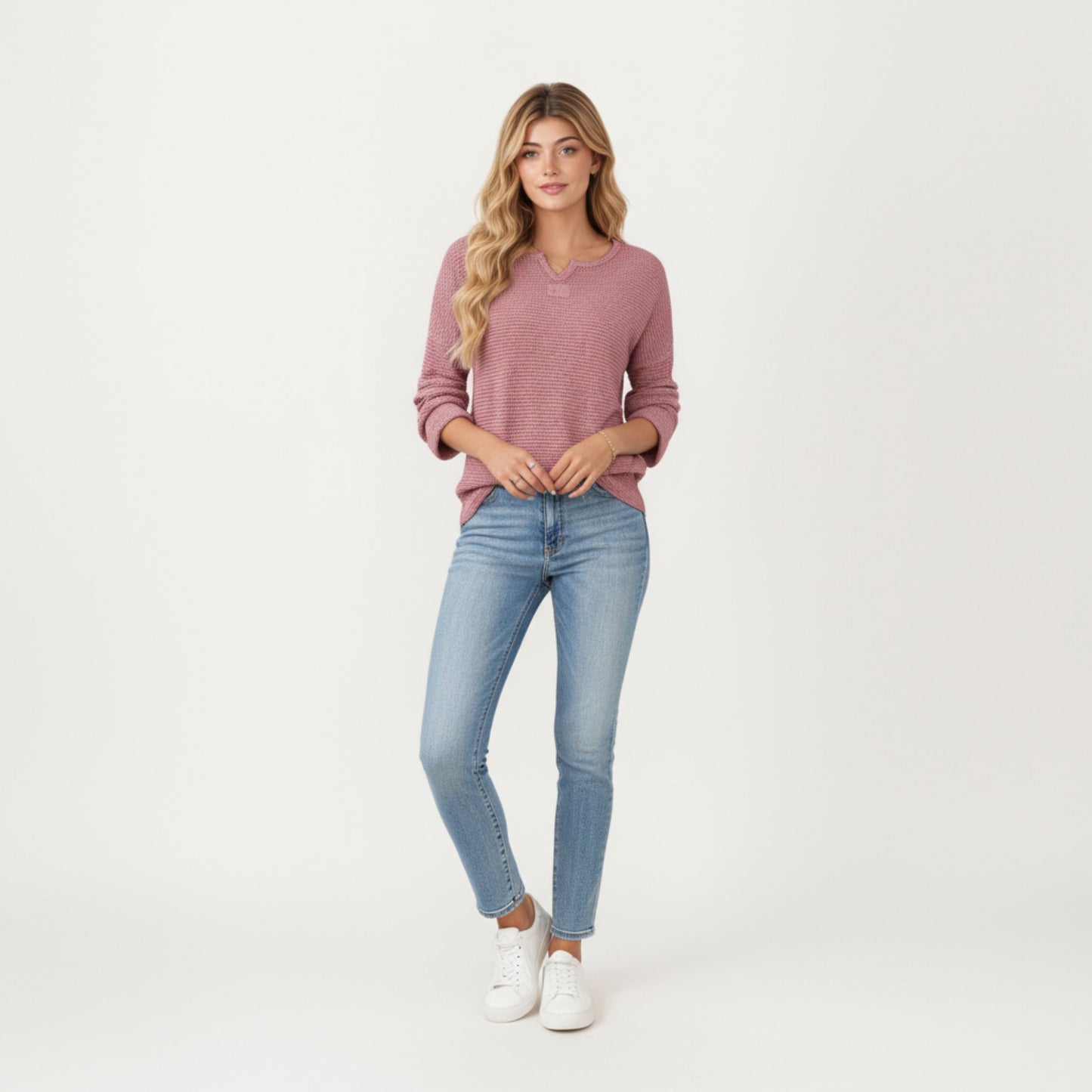 Long Sleeve Textured Knit Pullover Top with Split Neck and Relaxed Fit