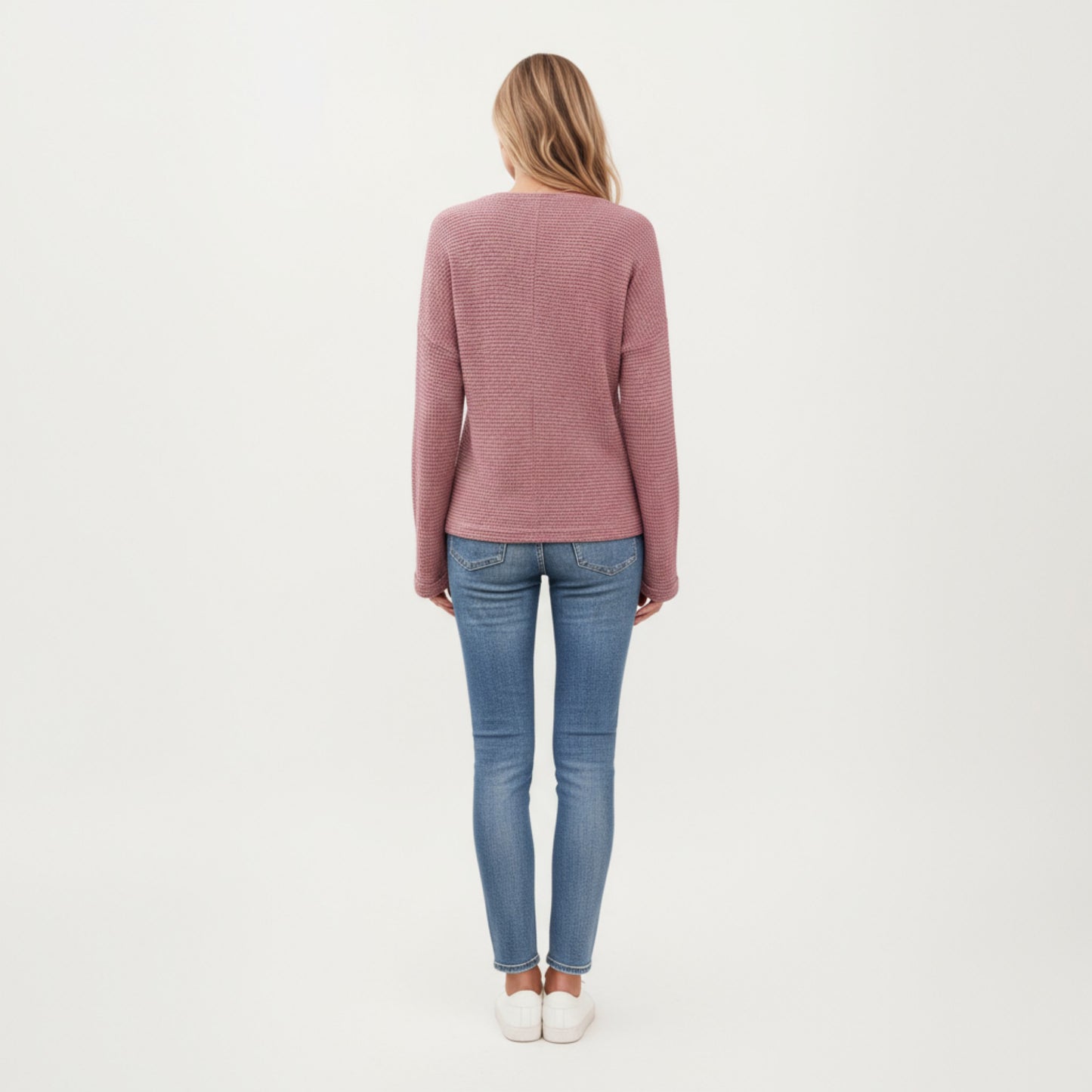 Long Sleeve Textured Knit Pullover Top with Split Neck and Relaxed Fit