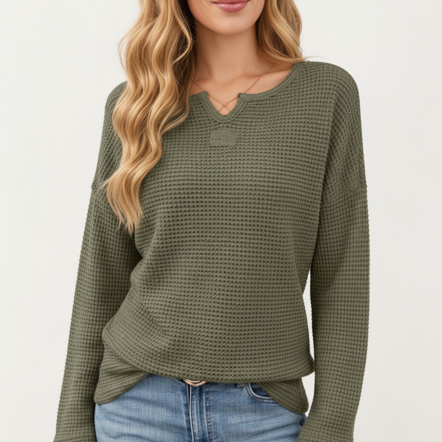 Long Sleeve Textured Knit Pullover Top with Split Neck and Relaxed Fit