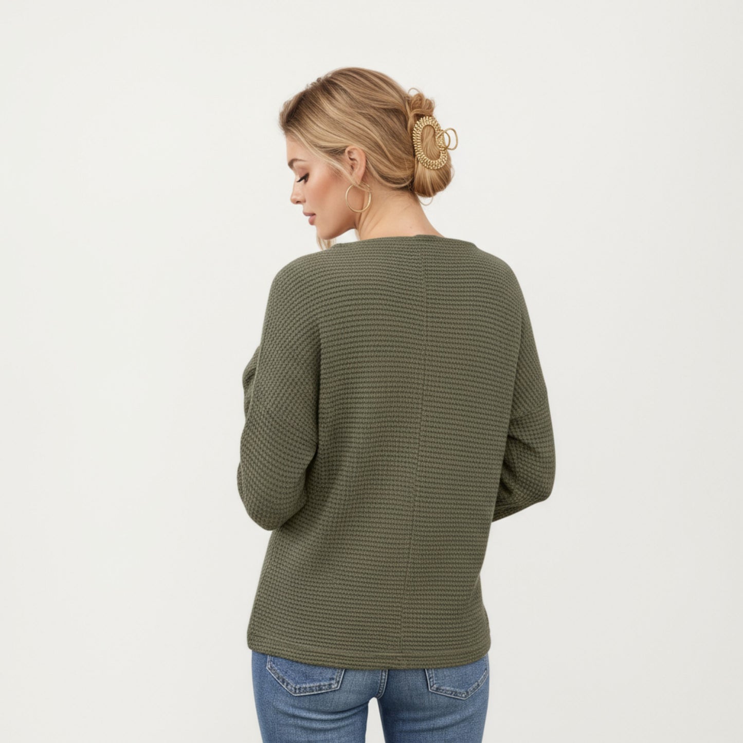 Long Sleeve Textured Knit Pullover Top with Split Neck and Relaxed Fit