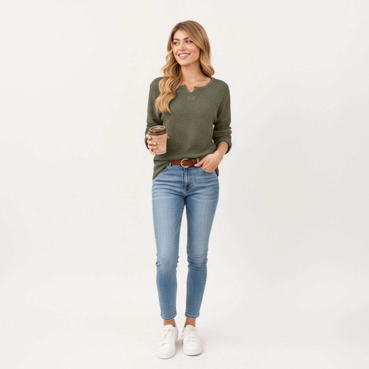 Long Sleeve Textured Knit Pullover Top with Split Neck and Relaxed Fit