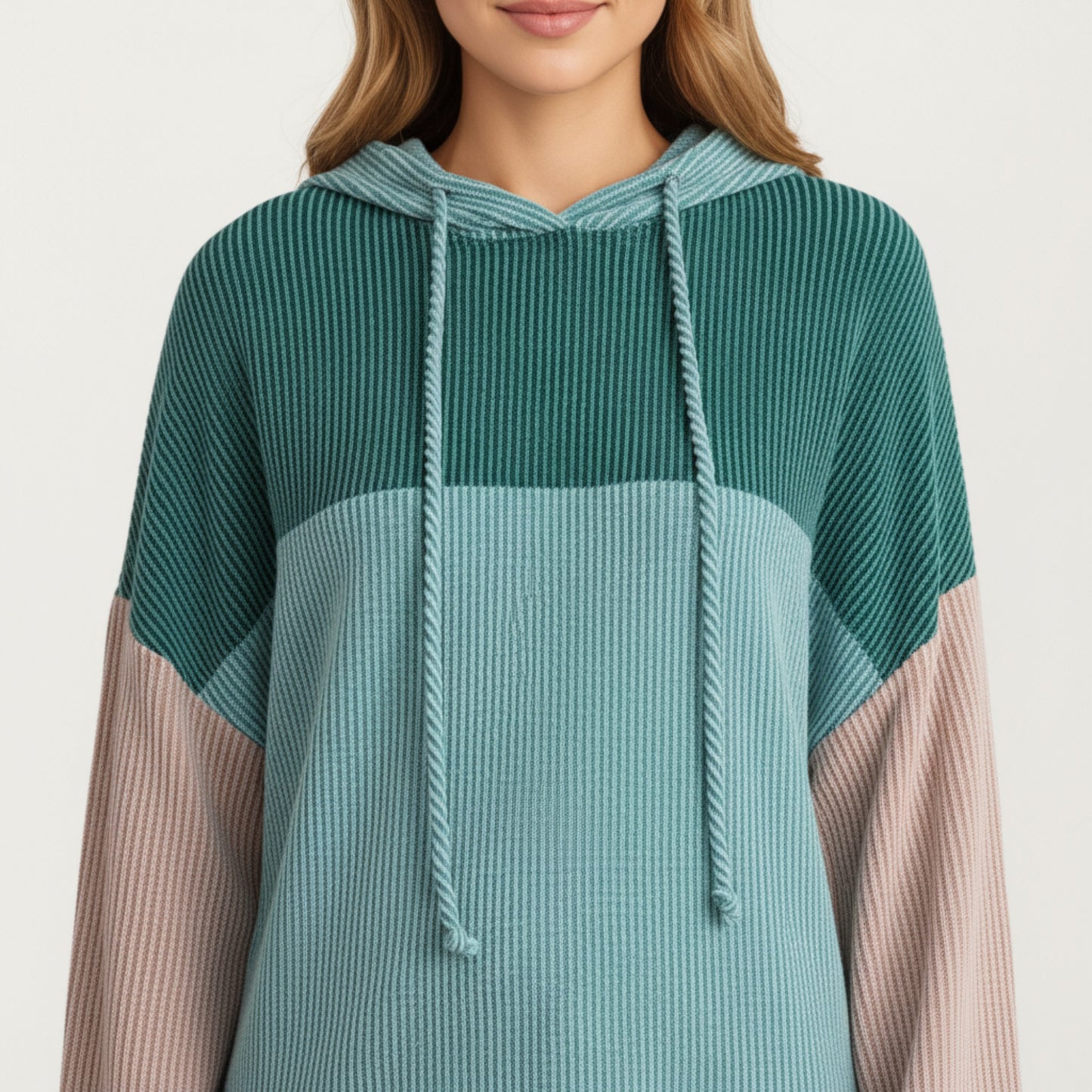 Long Sleeve Color Block Knit Hoodie with Drawstring and Relaxed Fit