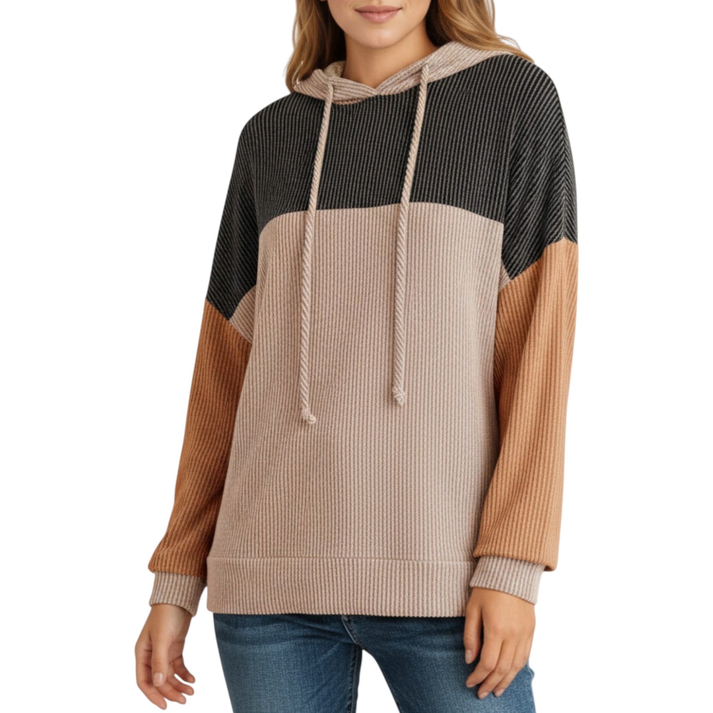 Long Sleeve Color Block Knit Hoodie with Drawstring and Relaxed Fit