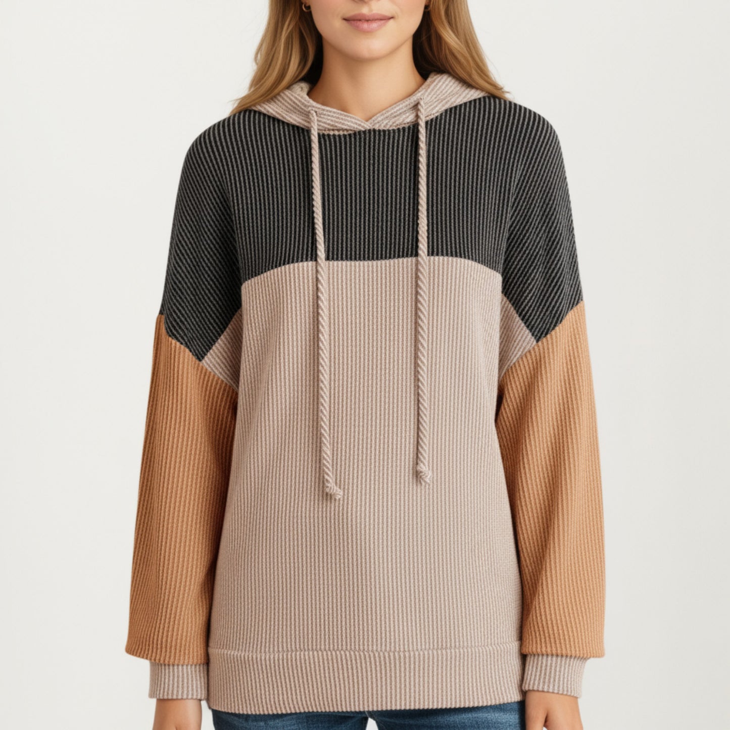 Long Sleeve Color Block Knit Hoodie with Drawstring and Relaxed Fit