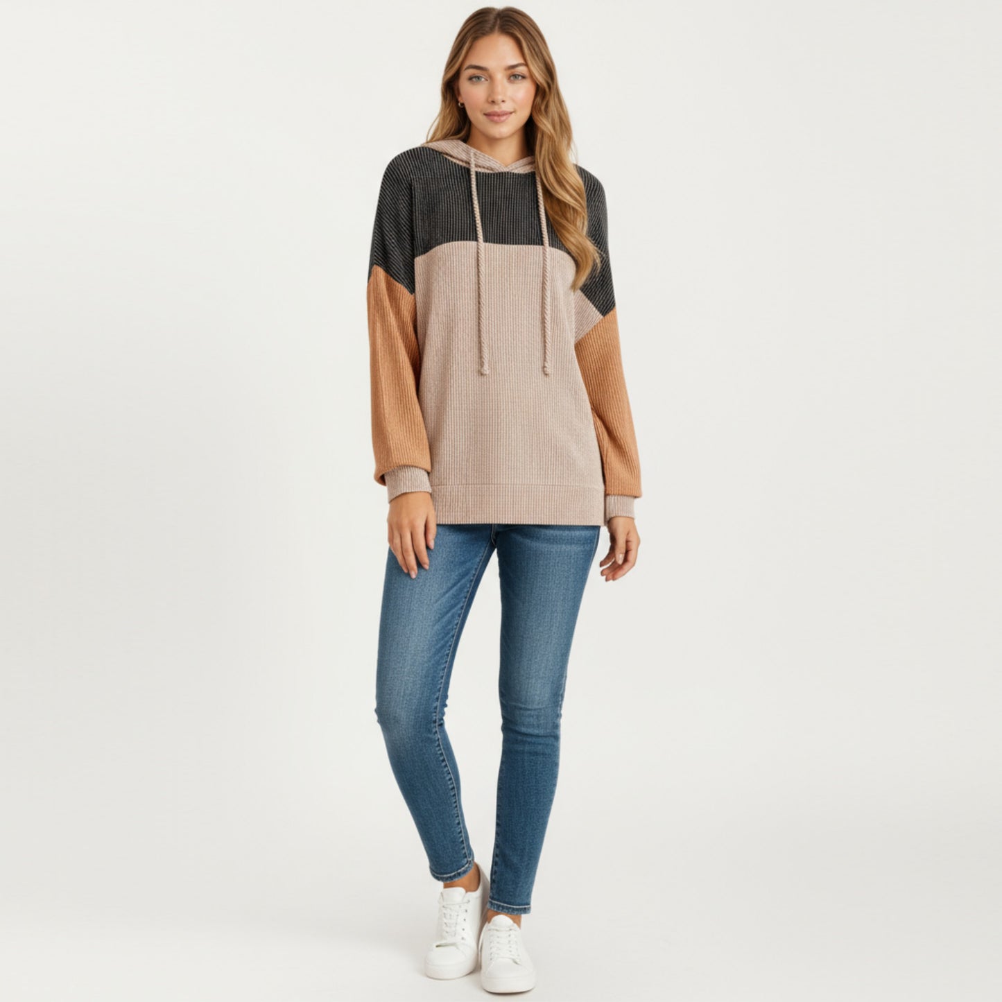 Long Sleeve Color Block Knit Hoodie with Drawstring and Relaxed Fit