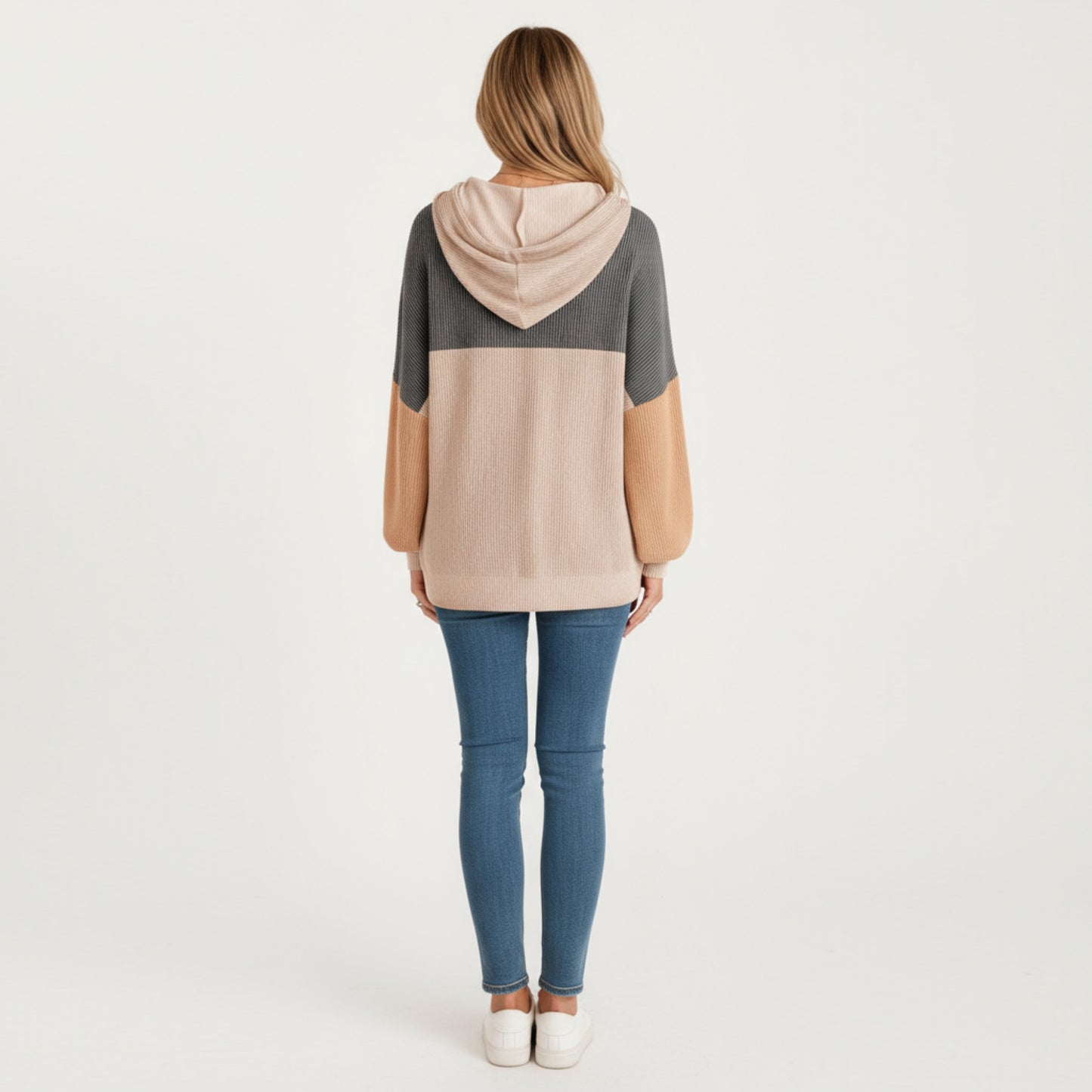 Long Sleeve Color Block Knit Hoodie with Drawstring and Relaxed Fit