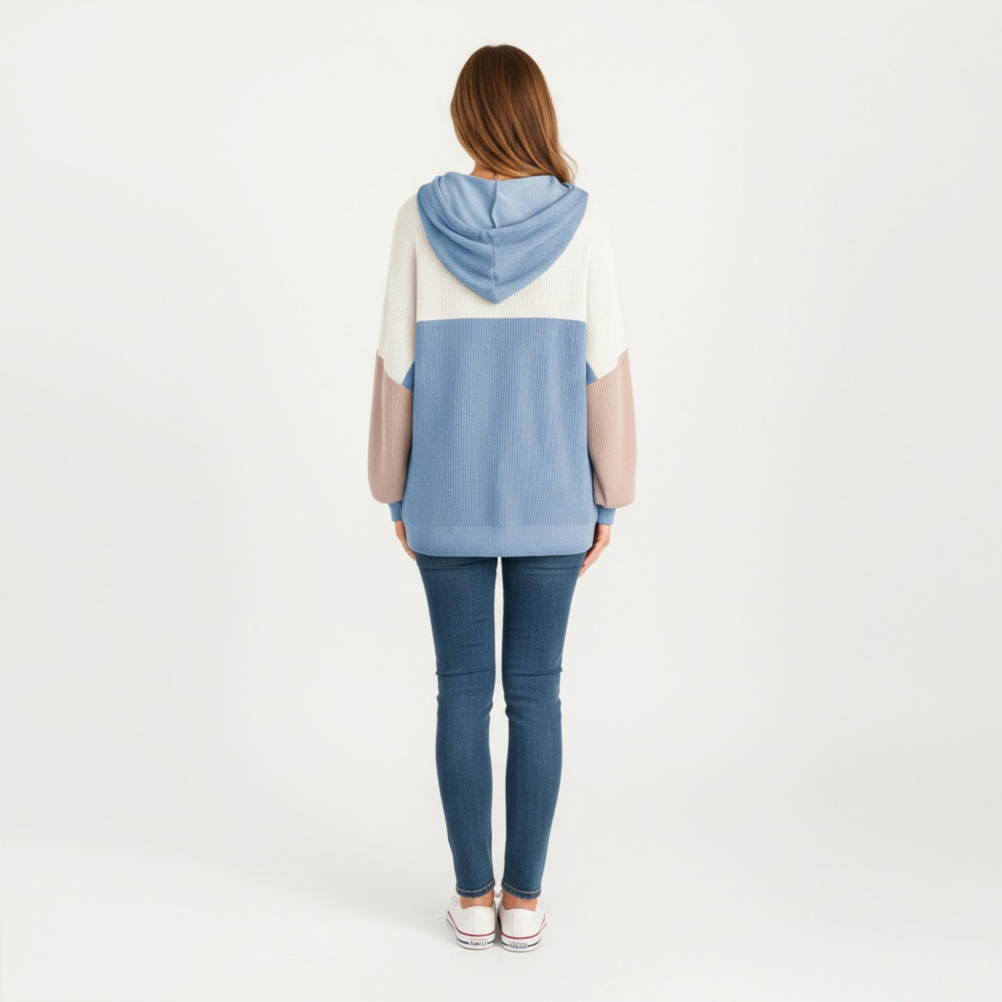 Long Sleeve Color Block Knit Hoodie with Drawstring and Relaxed Fit