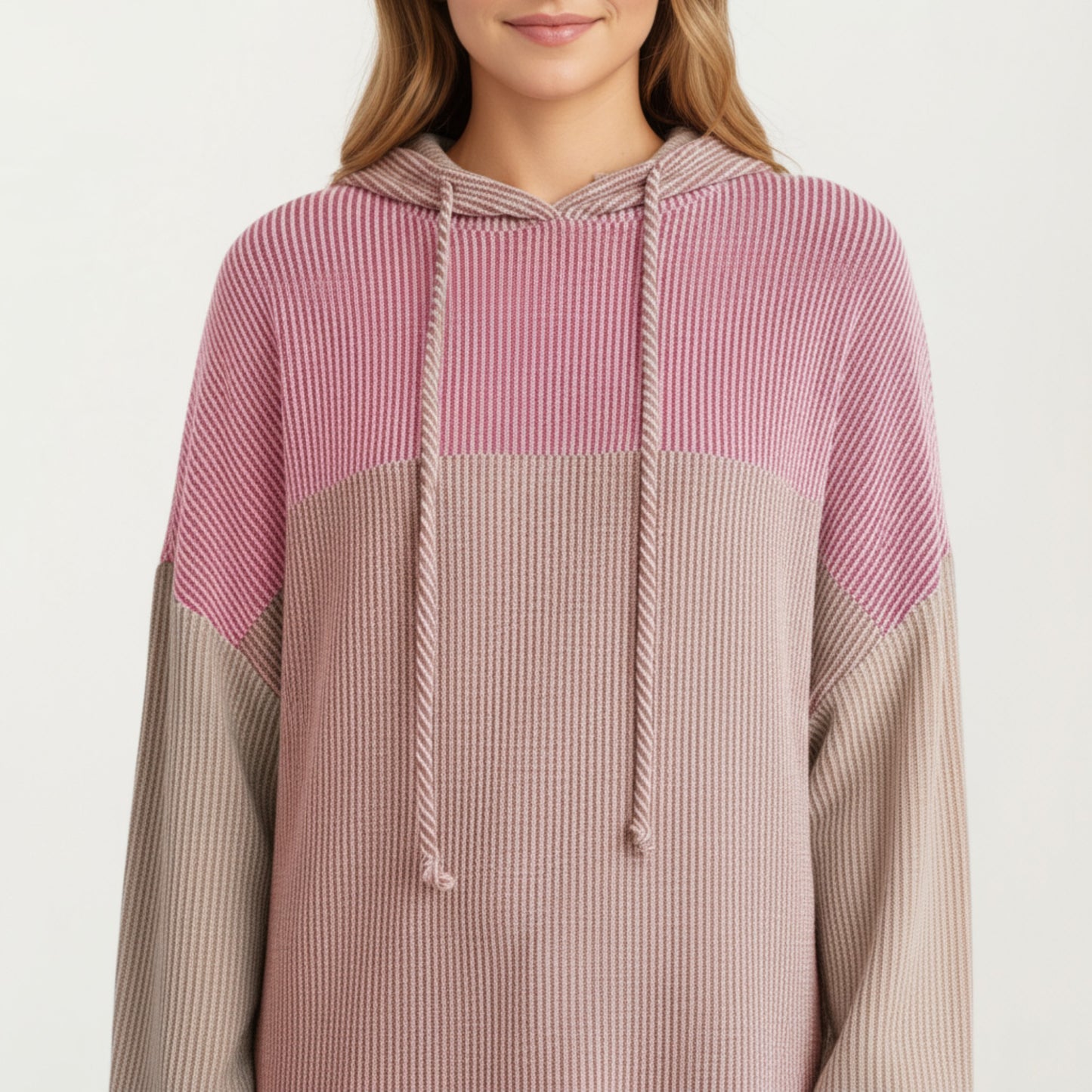 Long Sleeve Color Block Knit Hoodie with Drawstring and Relaxed Fit