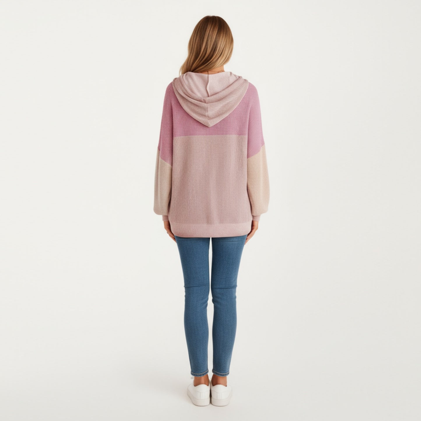 Long Sleeve Color Block Knit Hoodie with Drawstring and Relaxed Fit