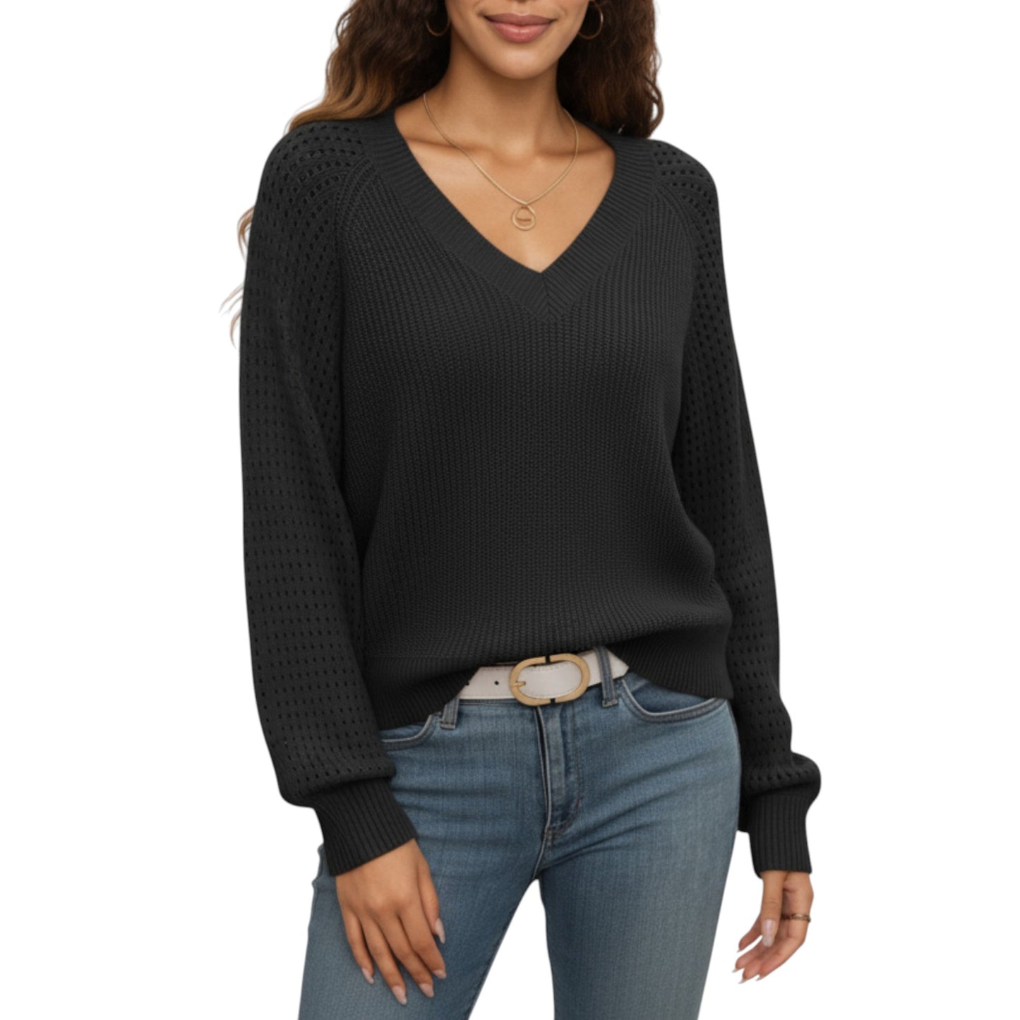 Off-Shoulder Knit Sweater with Pointelle Sleeves and Relaxed Fit