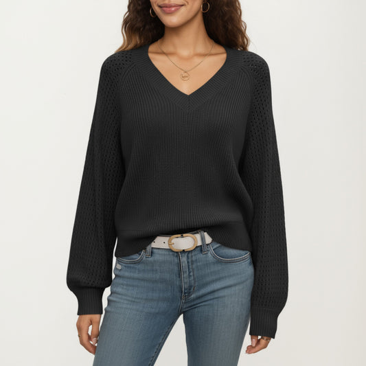 Off-Shoulder Knit Sweater with Pointelle Sleeves and Relaxed Fit