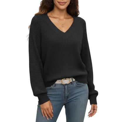 Off-Shoulder Knit Sweater with Pointelle Sleeves and Relaxed Fit