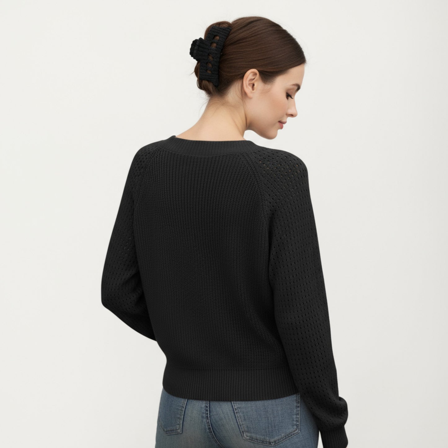 Off-Shoulder Knit Sweater with Pointelle Sleeves and Relaxed Fit