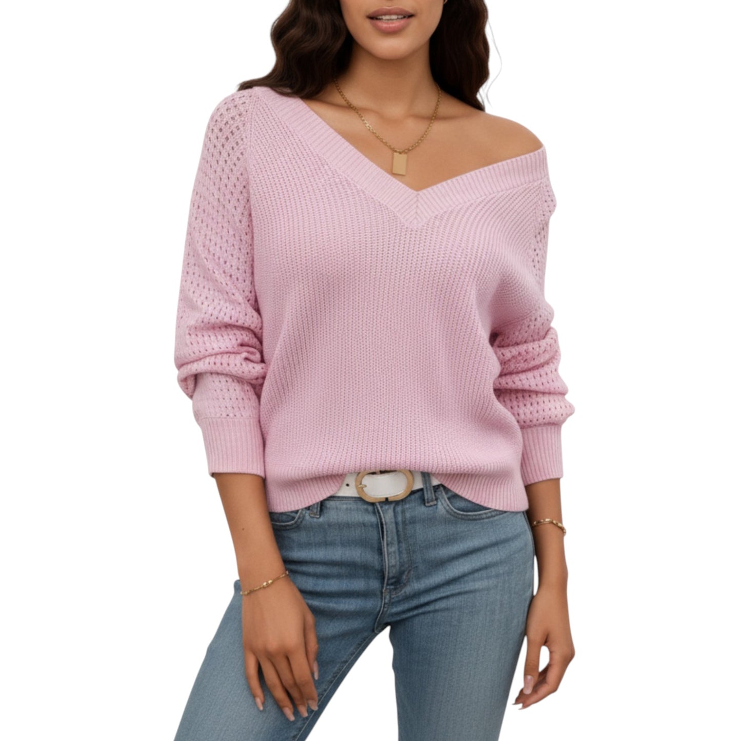 Off-Shoulder Knit Sweater with Pointelle Sleeves and Relaxed Fit