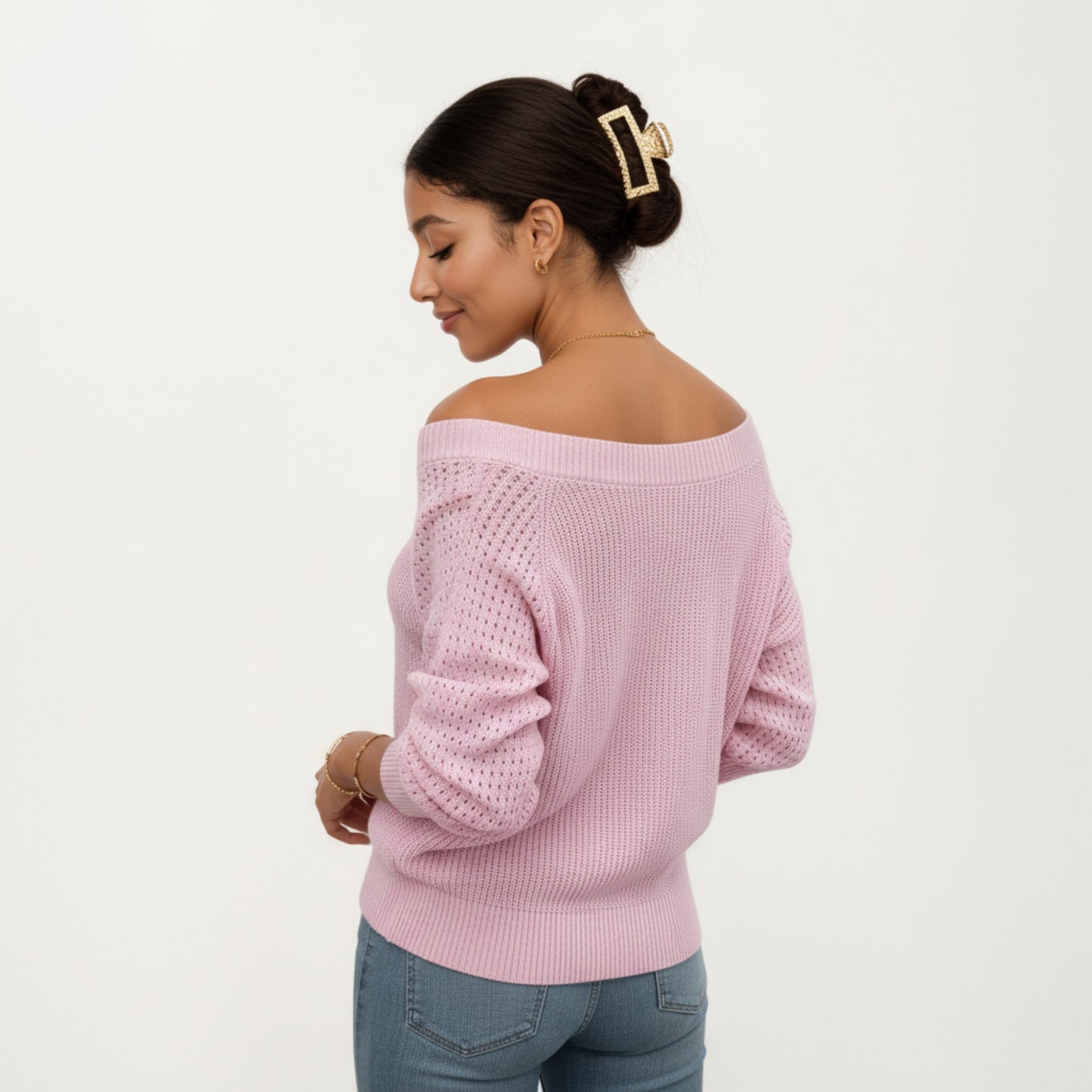 Off-Shoulder Knit Sweater with Pointelle Sleeves and Relaxed Fit
