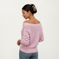 Off-Shoulder Knit Sweater with Pointelle Sleeves and Relaxed Fit
